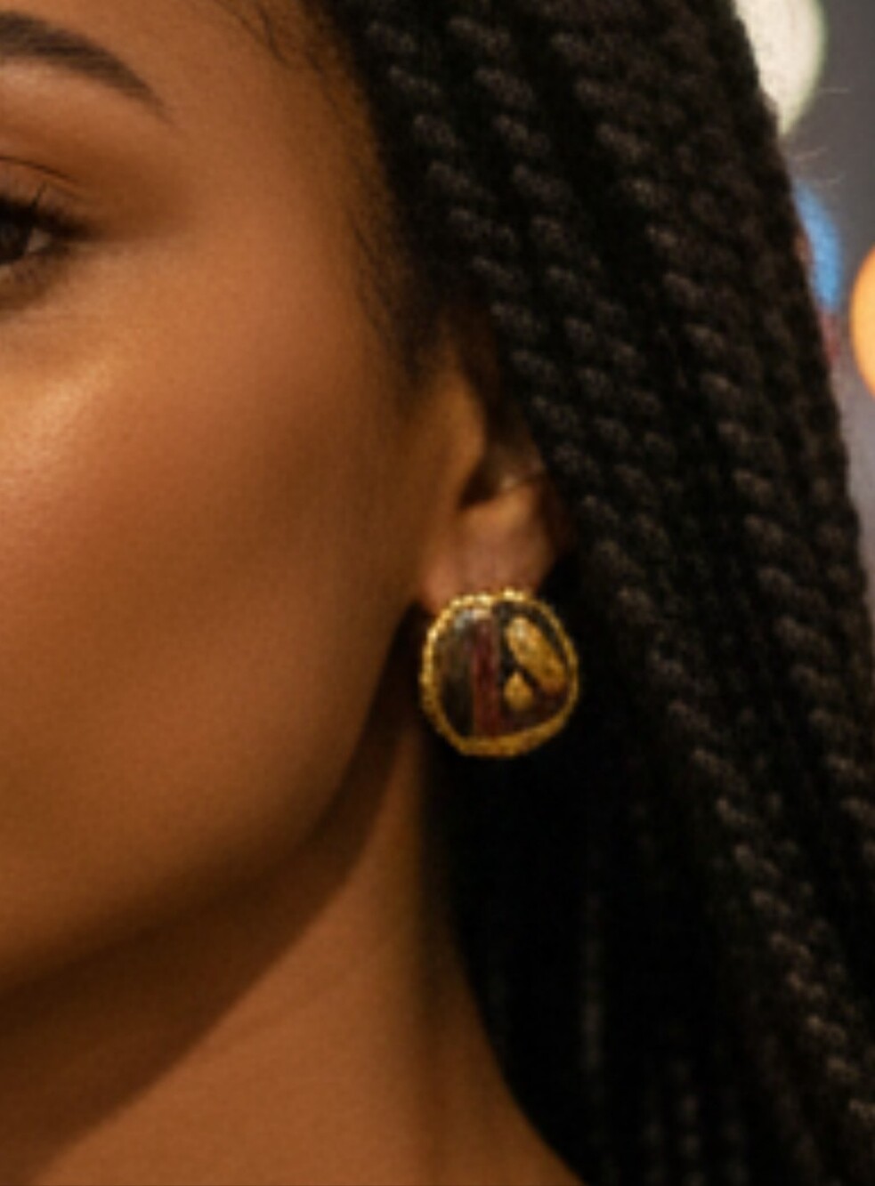 #89 Vintage African Express Gold-Tone Round Earrings w/ Multicolor Enamel Accent